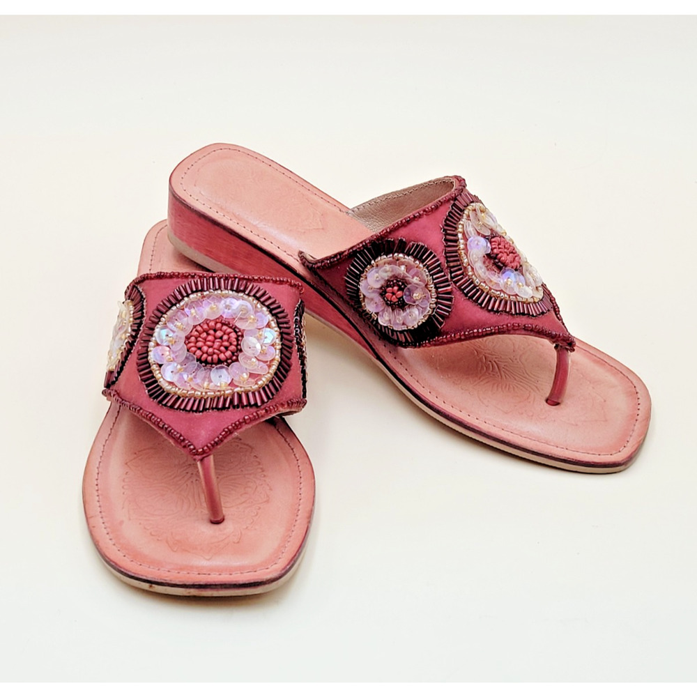 J. Jill "Malaga" Embellished Leather Thong Sandals Sz 6 Pink Bohemian